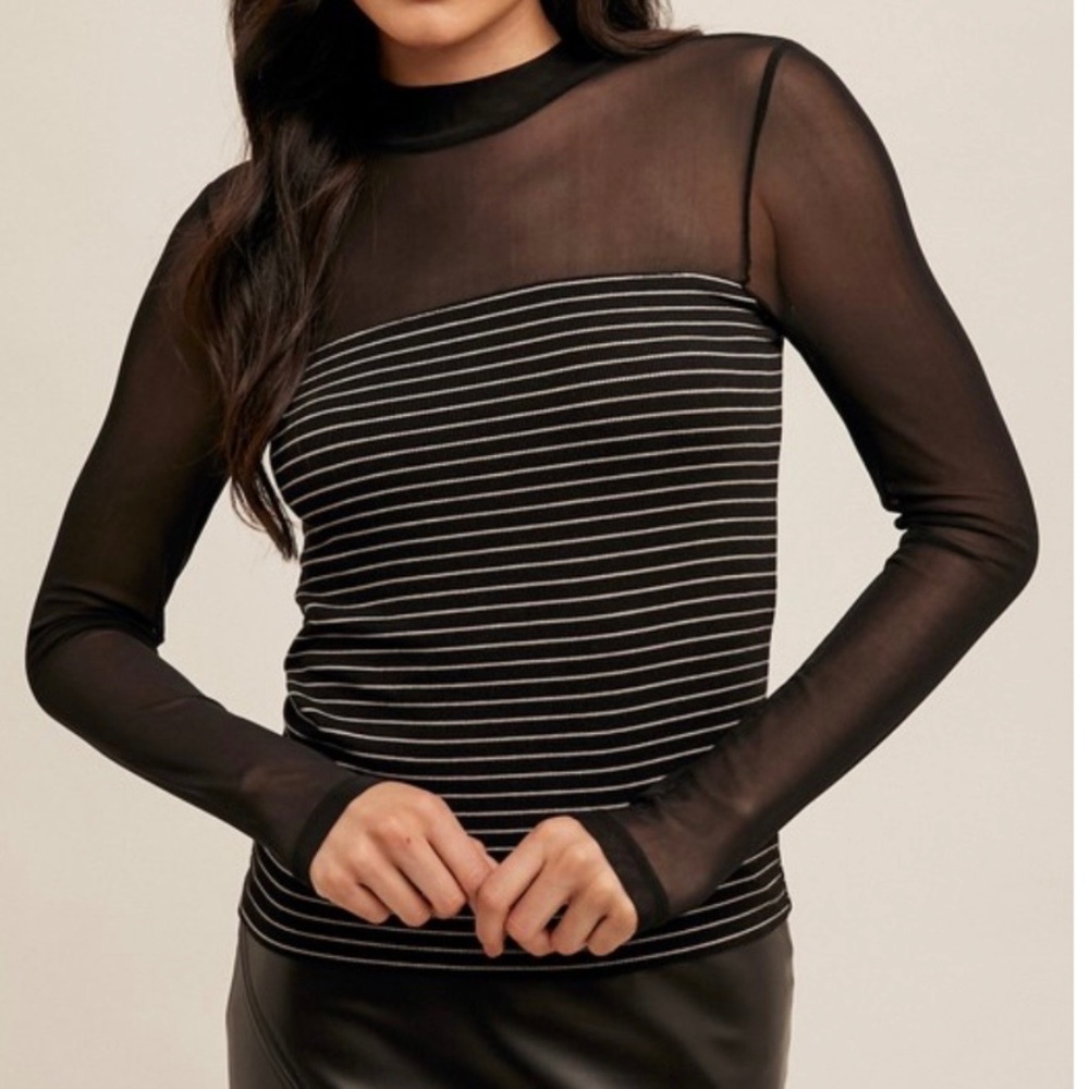 NWT Hem & Thread Mesh & Striped Mock Neck Top